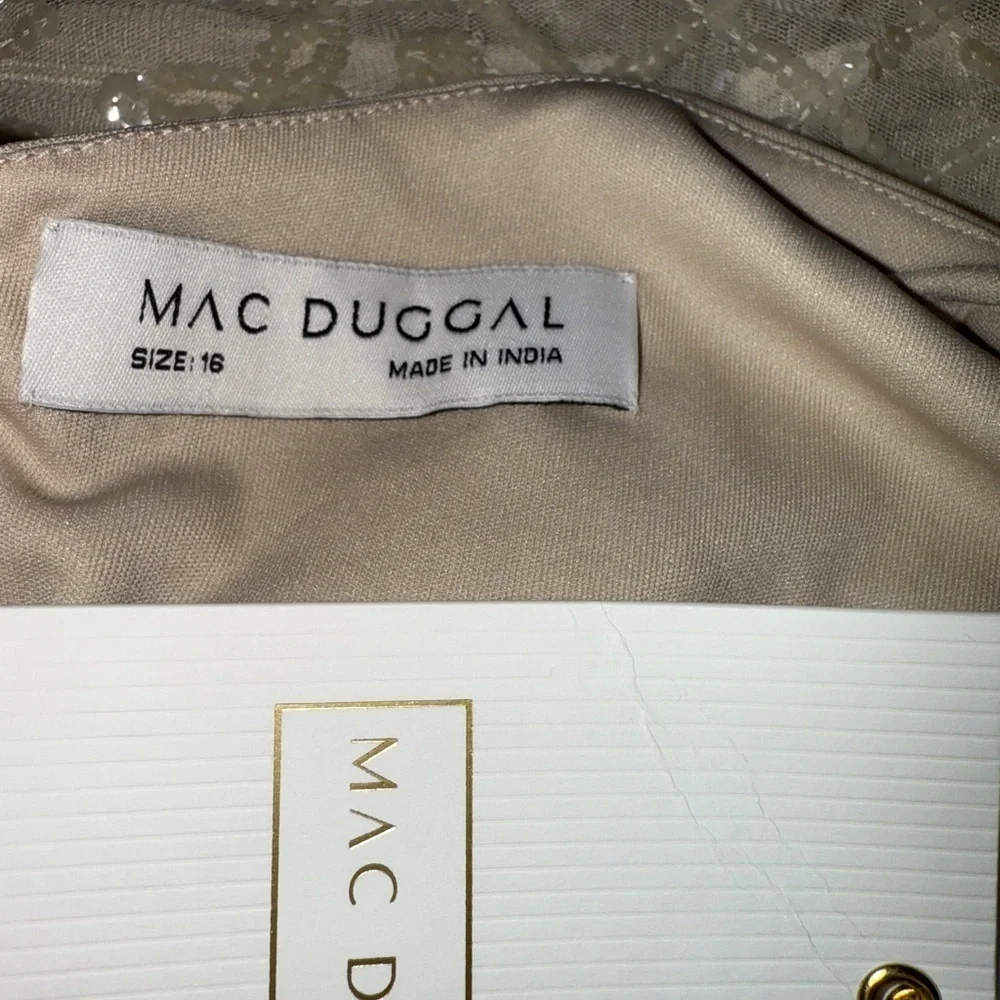 NWT | Mac Duggal Nude Sequined High Neck Long Sleeve Midi Dress Size 16 - Picture 11 of 13